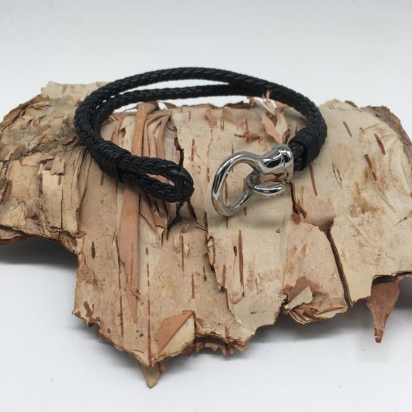 Black Leather Woven Bracelet with Silver Loop Clasp - Picture 3 of 4